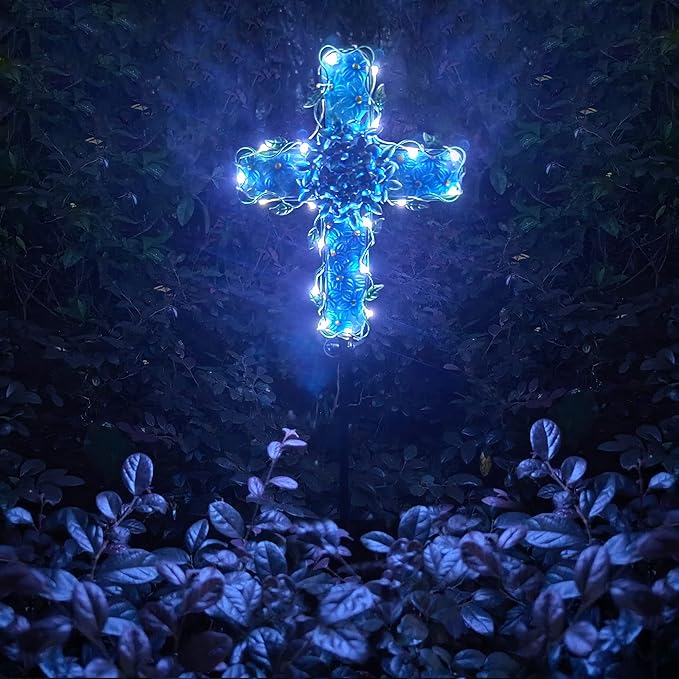 Solar Cross Garden Lights Outdoor Decorative - Solar Metal&Glass Cross Blue Hydrangea Flower Stake Lights- Waterproof 20 Warm White LED for Remembrance Gifts-VerdiqueGarden