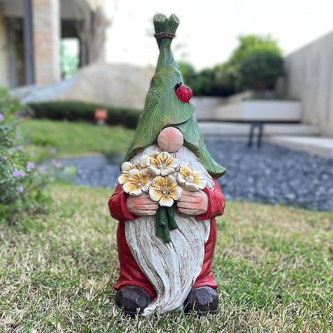 Garden Gnome Statue Outdoor Decor, Solar Garden Gnome Figurine Light, Resin Statues Sculpture for Patio Yard Lawn Outdoor Decorations-VerdiqueGarden