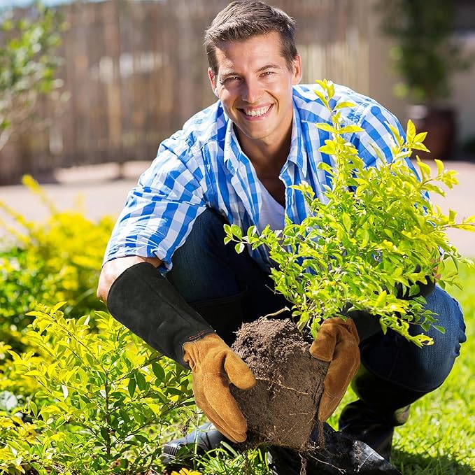 HANDLANDY Leather Gardening Gloves for Men & Women, Rose Pruning Thorn Proof Garden Glove, Long Sleeve Gauntlet Gloves (Black-brown, X-Large (Pack of 1))-VerdiqueGarden