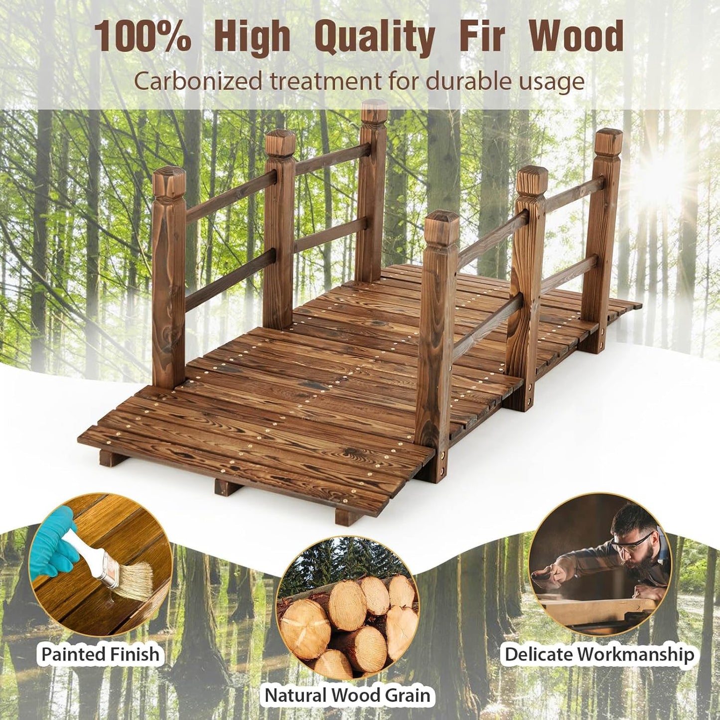 Giantex 5 ft Garden Bridge - Stained Wood Arc Footbridge Walkway with Side Railings, Decorative Wooden Bridge Landscaping for Backyard Farm Garden Creek Pond Decor, Easy to Assemble (Stained Brown)-VerdiqueGarden