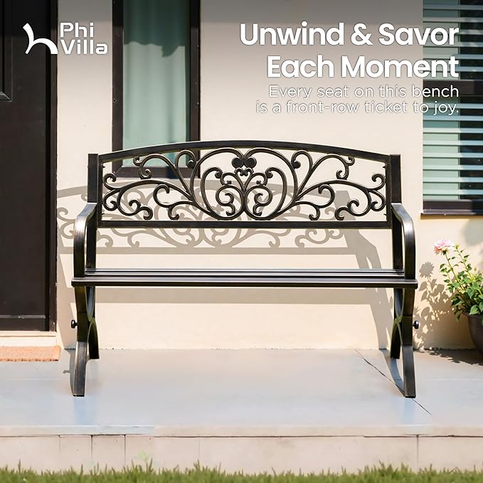 PHI VILLA 50Inch Cast Iron Steel Frame Garden Bench Patio Furniture Chair Outdoor Bench w/Floral Design Backrest, Slatted Seat for Park, Yard & Porch, Bronze-VerdiqueGarden