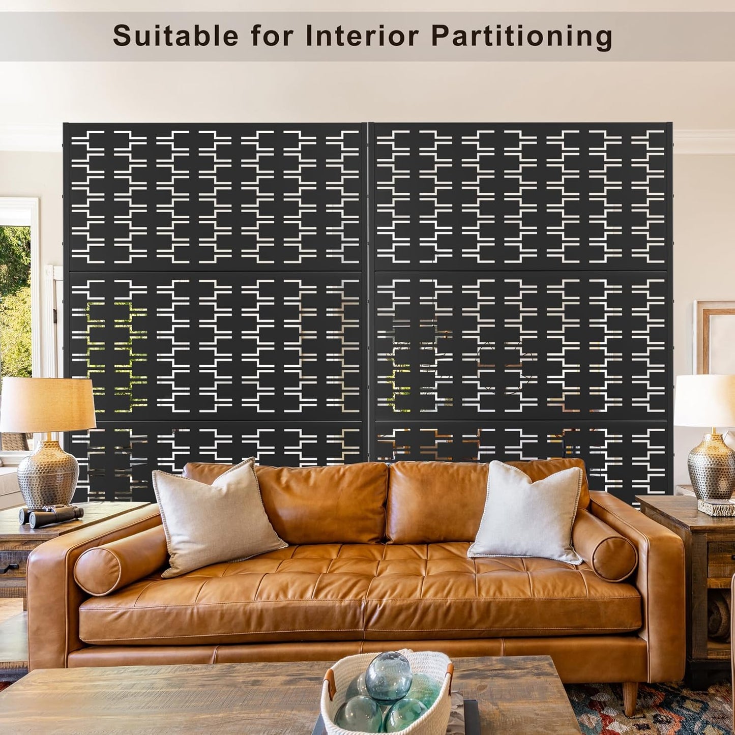 Metal Privacy Screen Outdoor 72" H×47" W, Freestanding Decorative Privacy Screen for Balcony Yard&Garden, Privacy Fence-Black&Brick-VerdiqueGarden