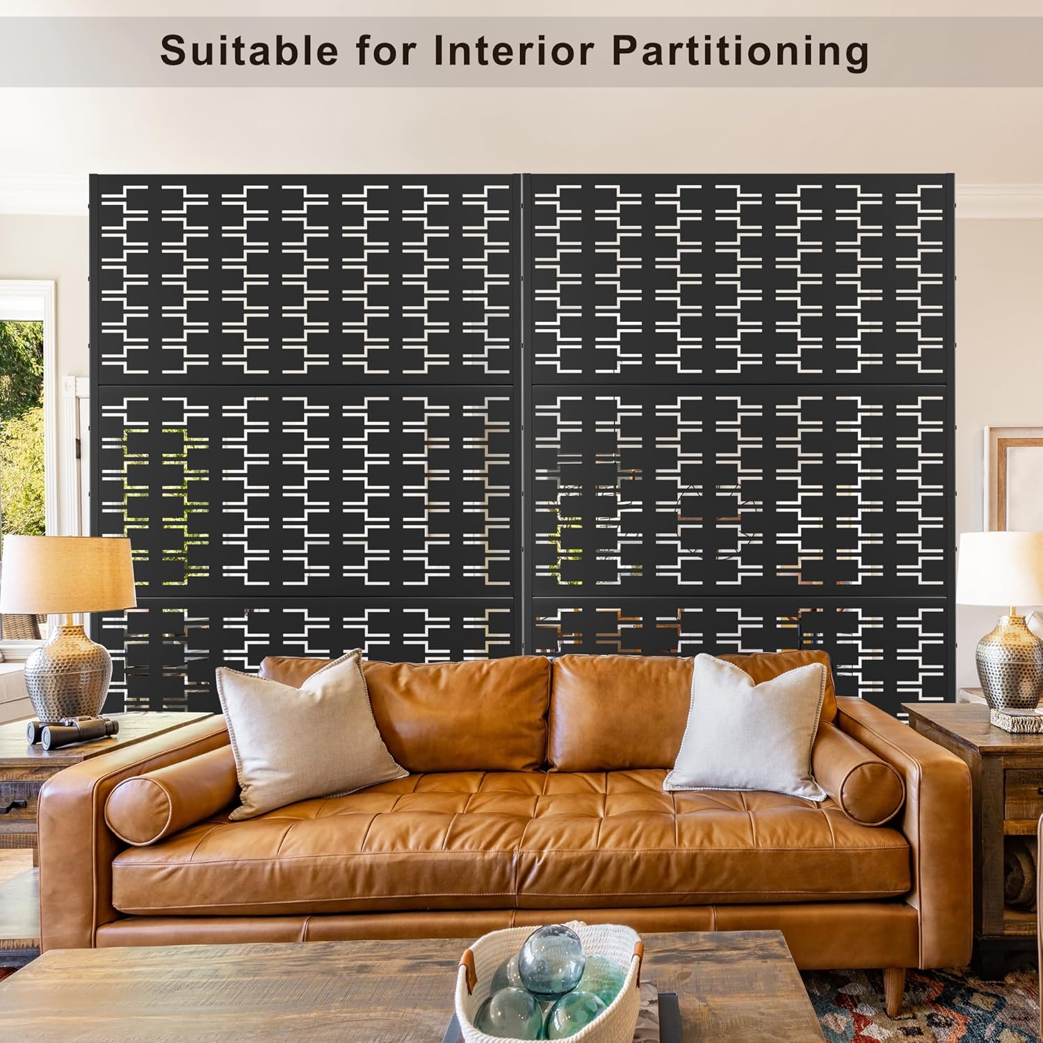 Metal Privacy Screen Outdoor 72" H×47" W, Freestanding Decorative Privacy Screen for Balcony Yard&Garden, Privacy Fence-Black&Brick-VerdiqueGarden