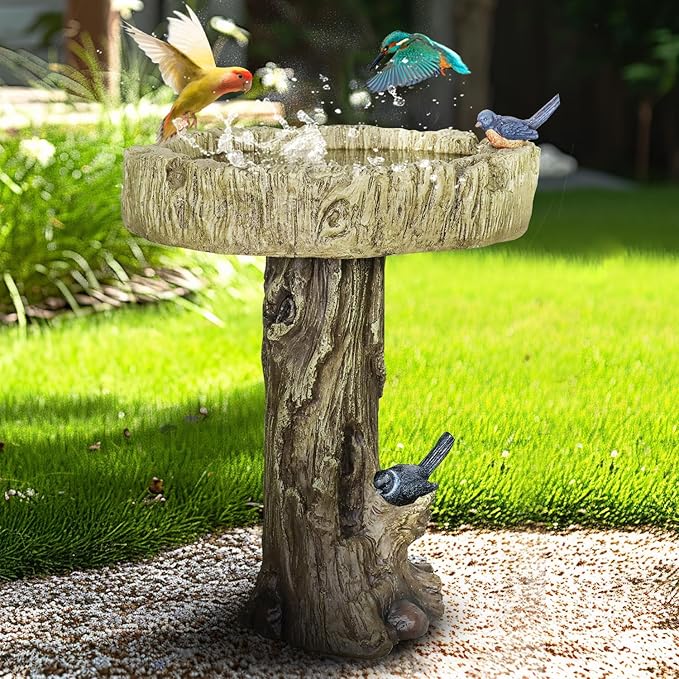 SunJet 24.4 Inch Heigh Wood-Look Concrete Bird Bath with Decorative Faux Bird – birdbath Rustic & Long-Lasting Design, Enhances Garden, Patio, Yard, Lawn Décor-VerdiqueGarden