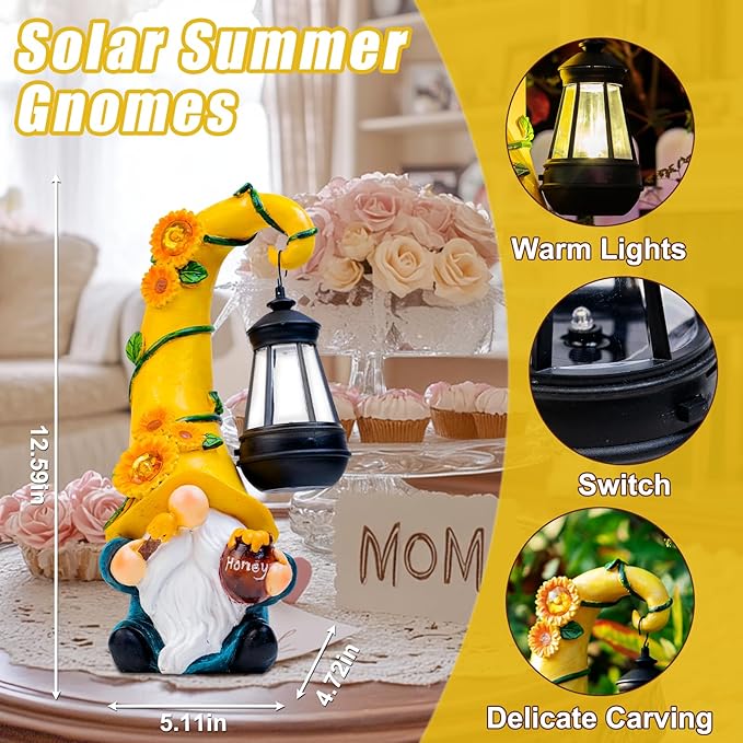 Twinbling12 Solar Sunflower Gnome Garden Statues Honey Bee jar Decor with LED Lantern Outdoor Summer Gnomes Decorations Patio Yard Balcony Art Gifts for Women Mom Grandma-VerdiqueGarden