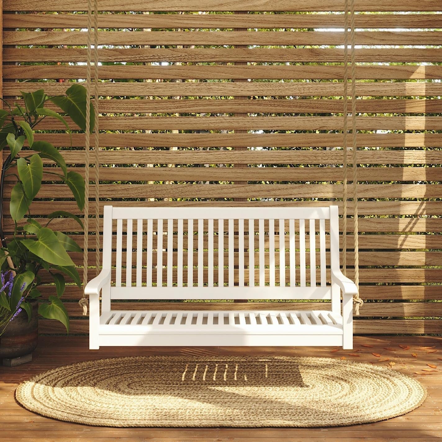East Green Hayden 4 Foot White Porch Swing - Outdoor Bench Swing Crafted from Naturally Weather-Resistant Acacia Wood-VerdiqueGarden