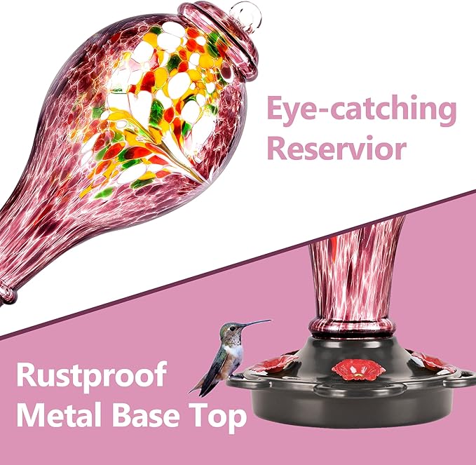 LUJII Hand Blown Glass Hummingbird Feeder for Outdoors Hanging with Ant Guard, 36 fl.oz, Leak Proof & Rustproof, Metal Base with 5 Feeding Ports & 5 Perches, Unique Garden & Backyard Decor (Purple)-VerdiqueGarden