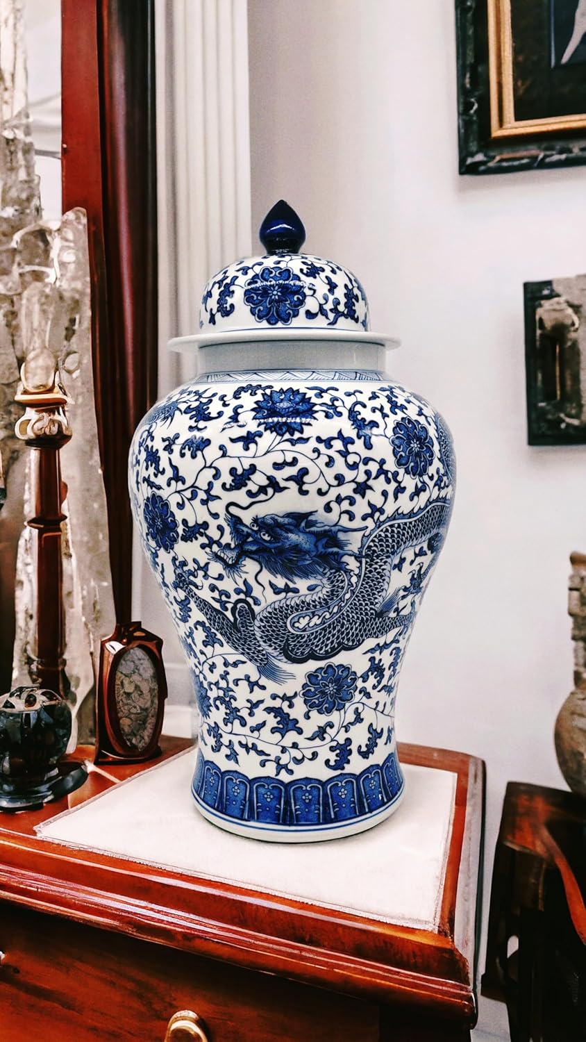 24" Classic Blue and White Dragon Porcelain Ceramic Temple Ginger Jar Vase, Large China Qing Style (Dragon)-VerdiqueGarden