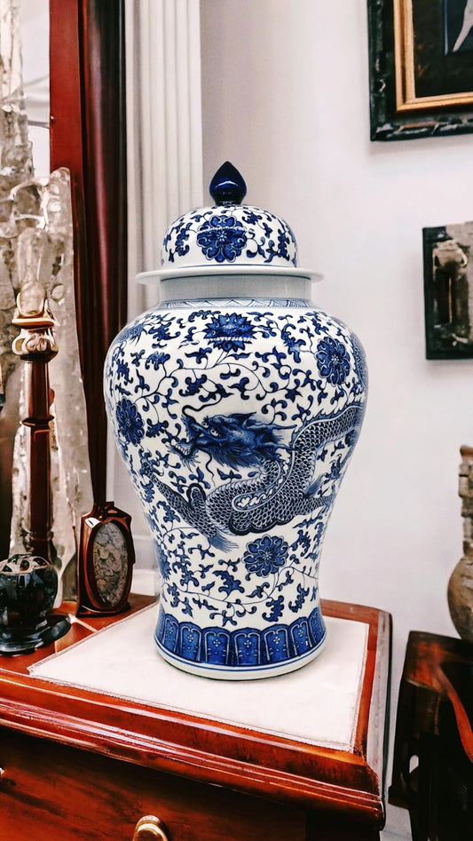 24" Classic Blue and White Dragon Porcelain Ceramic Temple Ginger Jar Vase, Large China Qing Style (Dragon)-VerdiqueGarden