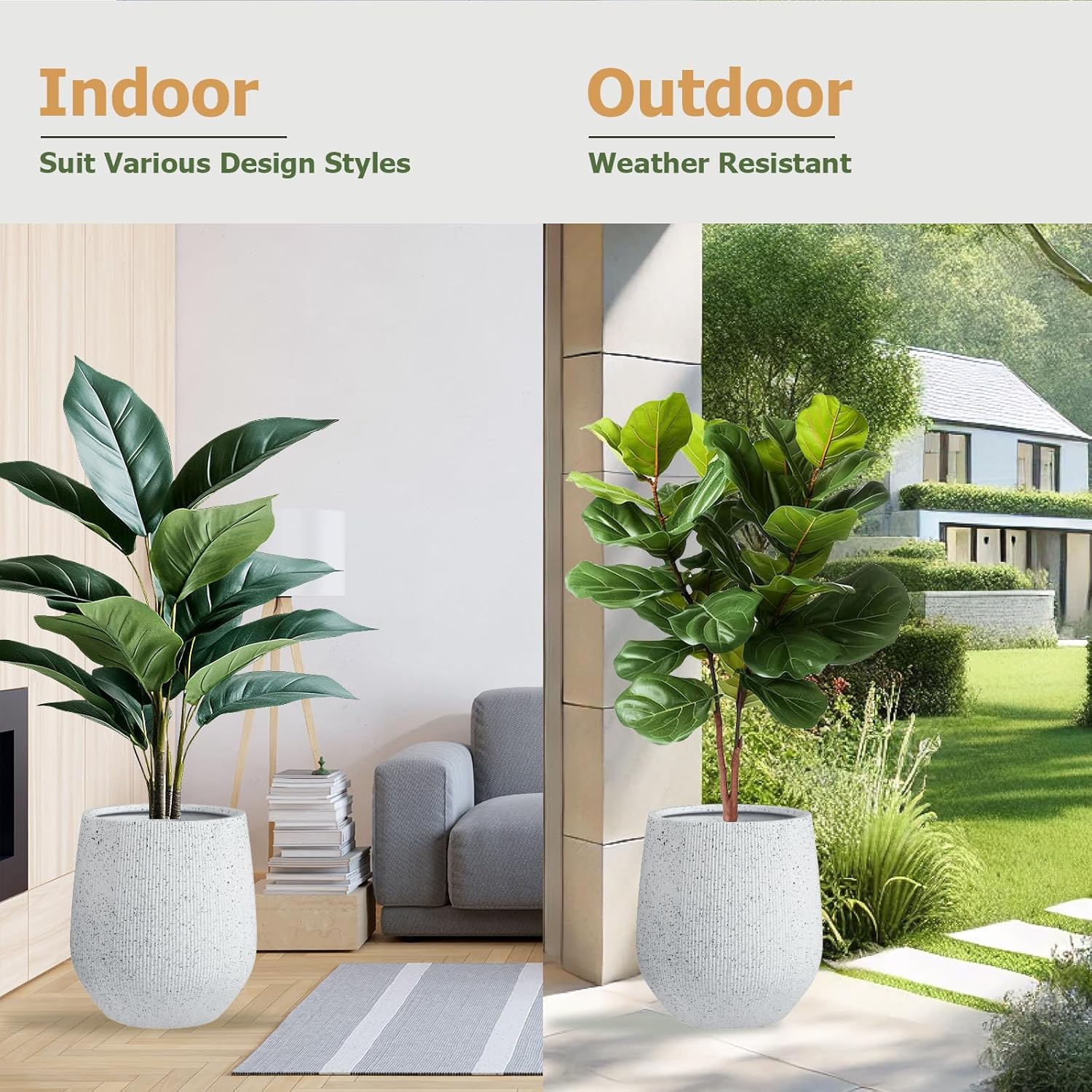 12.5" H x 11.5" D Ribbed Corso Fiberstone Round Planter with Drainage Hole, Weather Resistant, Indoor and Outdoor Use, Included 2 Extra Coco Mats (Ribbed Speckled White, 9" Pot Opening)-VerdiqueGarden