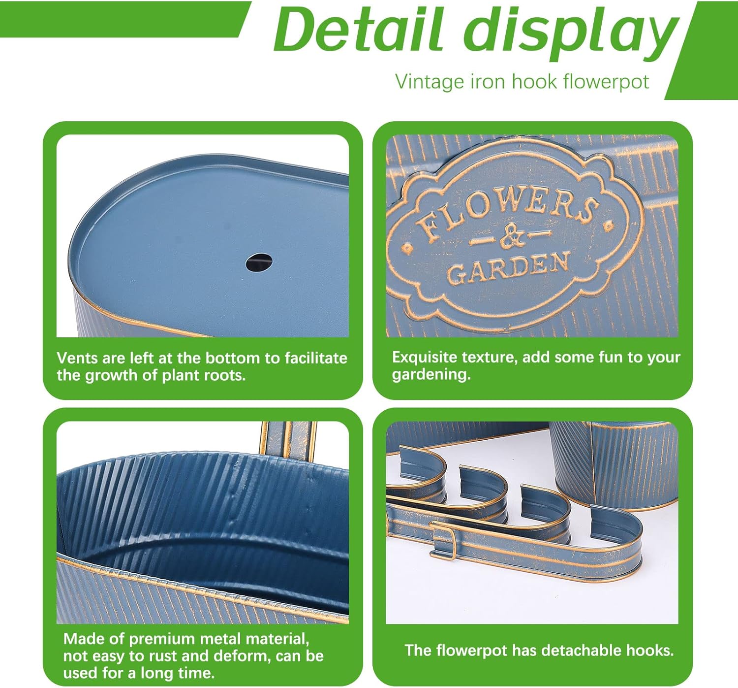 PerGar Vintage Metal Iron Wall Hanging Flower Pots, Rustic Planter Bucket Herb Flower Plant Holder with Detachable Hooks & Drainage Hole for Railing Fence Balcony Deck Garden Home Decoration, Set of 3-VerdiqueGarden