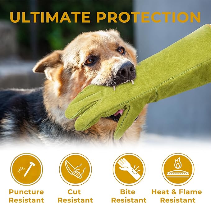 HANDLANDY Animal Handling Gloves, Bite Proof Cat Gloves, Ideal for Rose Pruning, Gardening, Falconry, Pet Grooming (Ginger yellow, 16 Inches)-VerdiqueGarden