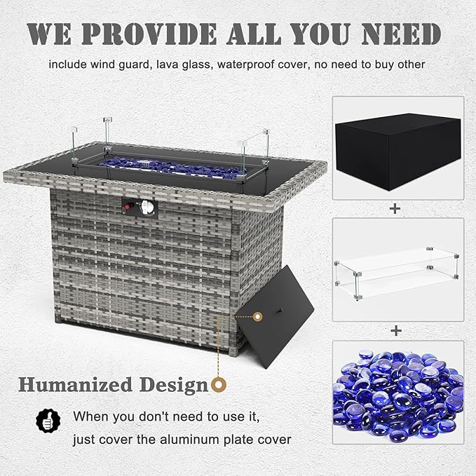 Propane Fire Pit Table,44 Inch 55000 BTU Outdoor Gas Fire Pit Rectangular with Glass Wind Guard for Outside Patio Deck (Gray-Glass Top)-VerdiqueGarden