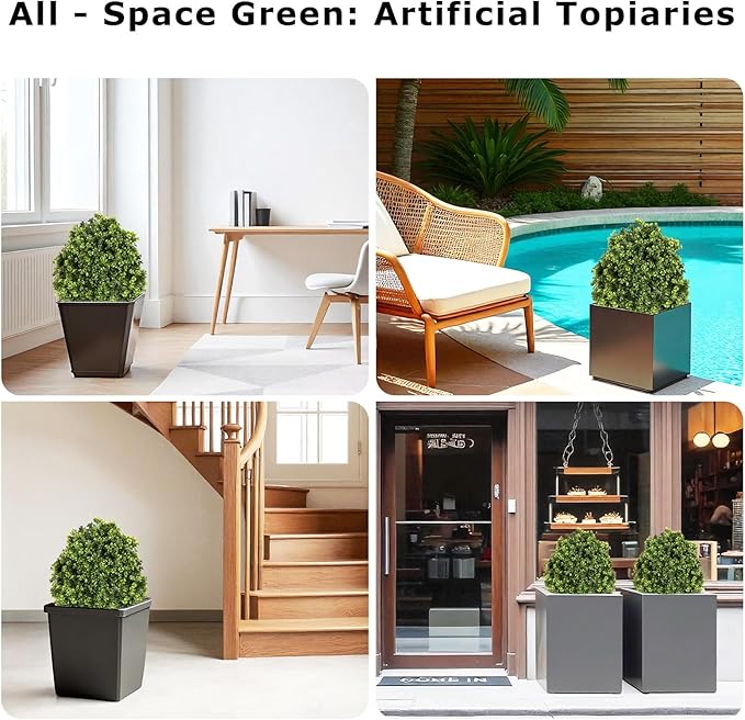 27“ Realistic Artificial Boxwood Topiary Trees Set of 2, Faux Boxwood Plants Outdoor UV-Resistant, No Maintenance Curb Appeal Fake Evergreen Bushes & Shrubs for Front Porch Outside Planter Decor-VerdiqueGarden