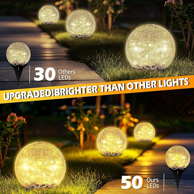Garden Solar Ball Lights Outdoor Waterproof, 50 LED Cracked Glass Globe Solar Power Ground Lights for Path Yard Patio Lawn, Christmas Decoration Landscape Warm White(2 Pack 4.7'')-VerdiqueGarden