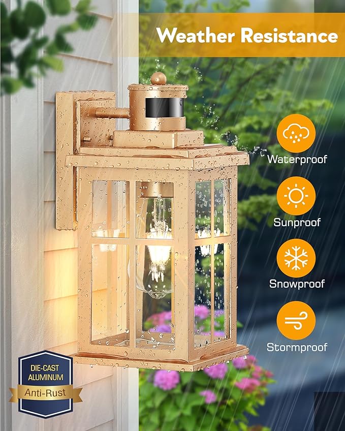 Motion Sensor Outside Lights for House, Modern Dusk to Dawn Outdoor Lighting, 2 Pack Gold Anti-Rust Outdoor Wall Lights with Transparent Glass, Waterproof Outdoor Porch Lights for House, Patio-VerdiqueGarden