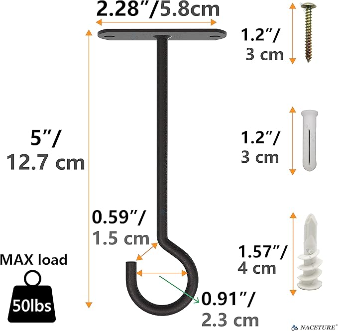 NACETURE Ceiling Hooks Heavy Duty 6 Pack - Plant Hooks for Ceiling Hanging Hook for Hanging Basket Hook, Light, Bird Feeders, Wind Chimes Décor Indoor & Outdoor (5" Black 6 Pack)-VerdiqueGarden