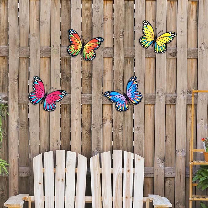 Oraytteo Metal Butterfly Wall Outdoor Decor - 4pcs 9.8inch Hanging Butterflies Wall Art Sculptures for Indoor and Outdoor Fence Patio Yard Home Wall Decorations, Gift for Mom Dad Friends-VerdiqueGarden