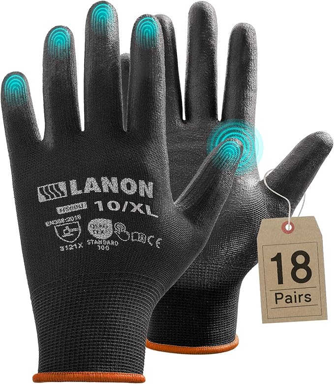 LANON Safety Work Gloves for Men and Women, 18 Pairs Mechanic Black Working Gloves with Grip Odorless PU Coated, Seamless Knit, Full Fingertip Touchscreen for Light Duty Working Gloves, X-Large-VerdiqueGarden