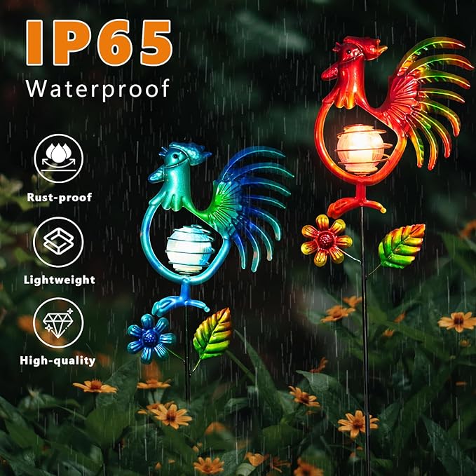 Rooster Solar Garden Lights, 2 Pack Metal Solar Stake Light, 27" H Outdoor Chicken Statues Figurine Lights for Spring Garden Lawn Patio Yard Decoration-VerdiqueGarden