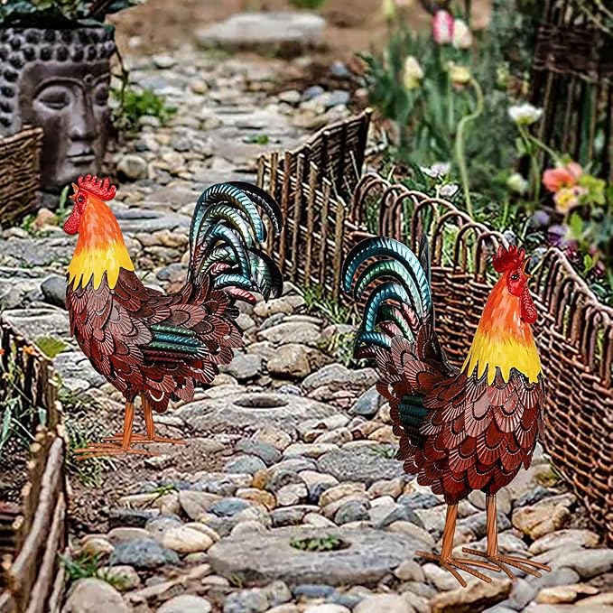 XONOR Metal Rooster Statues, Garden Chicken Decorations, Outdoor Chicken Sculpture, Metal Yard Rooster Artwork for Outdoor, Patio, Backyard and Home Kitchen Decoration (1pc, Red Brown)-VerdiqueGarden