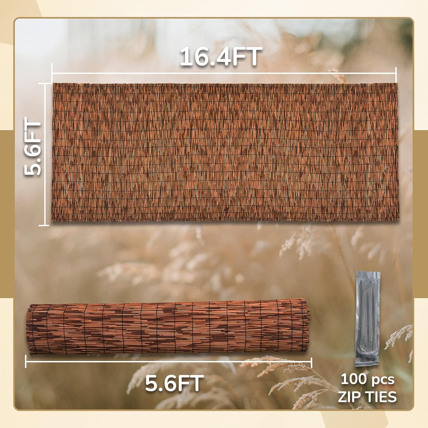 Brown 5.6FT X 16.4FT Reed Fencing Roll, Balcony Privacy Reed Shade Bamboo Fencing Garden Fence Border, Wind Block Sunshade Fence Screen for Outdoor Yard Patio Flower Bed Edge-VerdiqueGarden