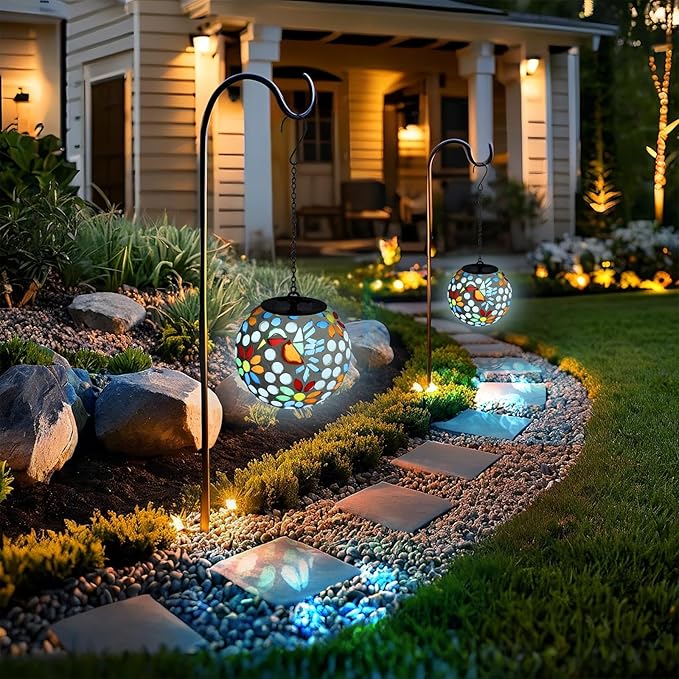VCUTEKA Solar Chandelier Outdoor, Hanging Mosaic SolarLights with Hook Up, Solar Garden Lantern Decor for Yard, Deck and Patio, White-VerdiqueGarden
