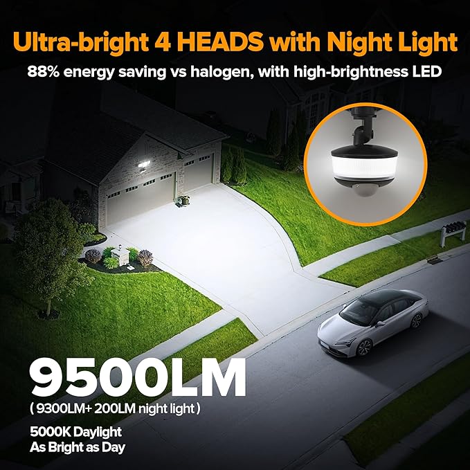 LUTEC 84W 9500LM LED Security Light Motion Sensor Outdoor Lights with Night Light, 4 Head LED Flood Lights Outdoor 5000K Daylight, IP65 Waterproof, Motion Detected Lights for Outside (Black)-VerdiqueGarden
