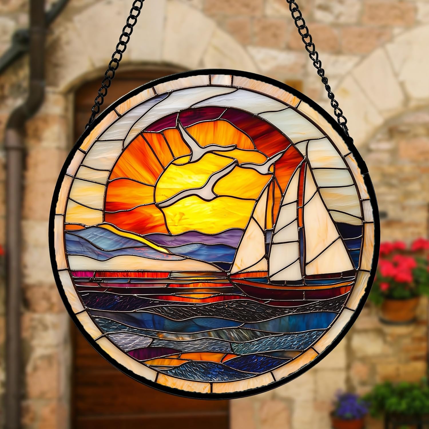 Stained Glass Window Hanging, Sun Ocean Sailboat Seagull Abstract Suncatcher Diamond Glass Panel Sun Catchers Decor for Birthday for Women, Men, Wife, Aunt, and Mom 9.8 in-VerdiqueGarden