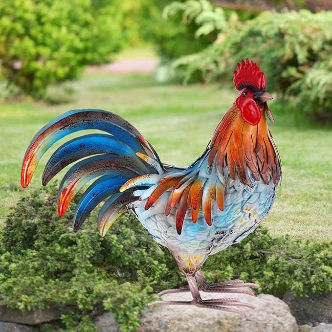 Metal Rooster Decor Garden Statue,Yard Chicken Decorations Outdoor Sculpture for Backyard Patio Kitchen Lawn Ornaments,Birthday for Women Mom-VerdiqueGarden
