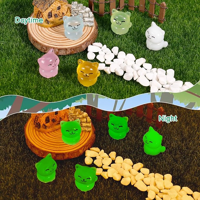 100 Pcs Luminous Mini Cat Figurines Resin Tiny Cat Animal Figurines Glow in The Dark Miniature Cat Statues Ornaments for DIY Cake Decoration Ornaments Crafts Moss Landscape Decoration-VerdiqueGarden