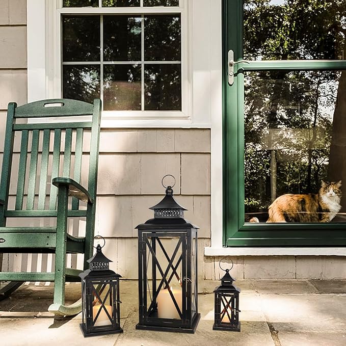 DECORKEY 3PCS (20’’&13’’&9’’) Lanterns Decorative Indoor & Outdoor, Vintage Metal Frame Candle Holders for Front Porch, Patio, Pathway, Balcony, Garden, Yard Decor, Halloween Christmas Decorations-VerdiqueGarden