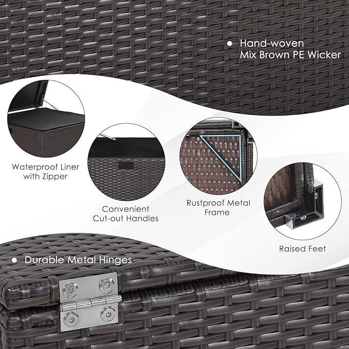RELAX4LIFE Outdoor Storage Box 72-Gallon - Outside Wicker Storage Bin with Waterproof Zippered Liner, Gas Strut, Package Delivery Boxes for Outside, Accessories, Garden Tools Storage Deck Box-VerdiqueGarden