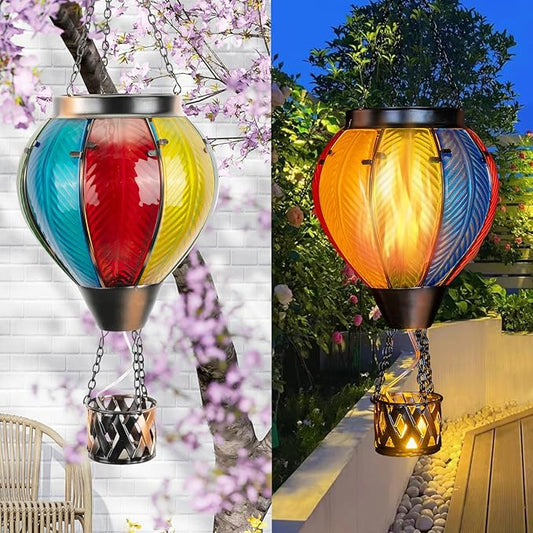Hot Air Balloon Solar Lantern with Flickering Flame, Hanging Solar Lantern Metal Outdoor Waterproof Lights for Garden Yard Porch Patio Decorations Christmas Gifts (Multi-Colored Glass)-VerdiqueGarden
