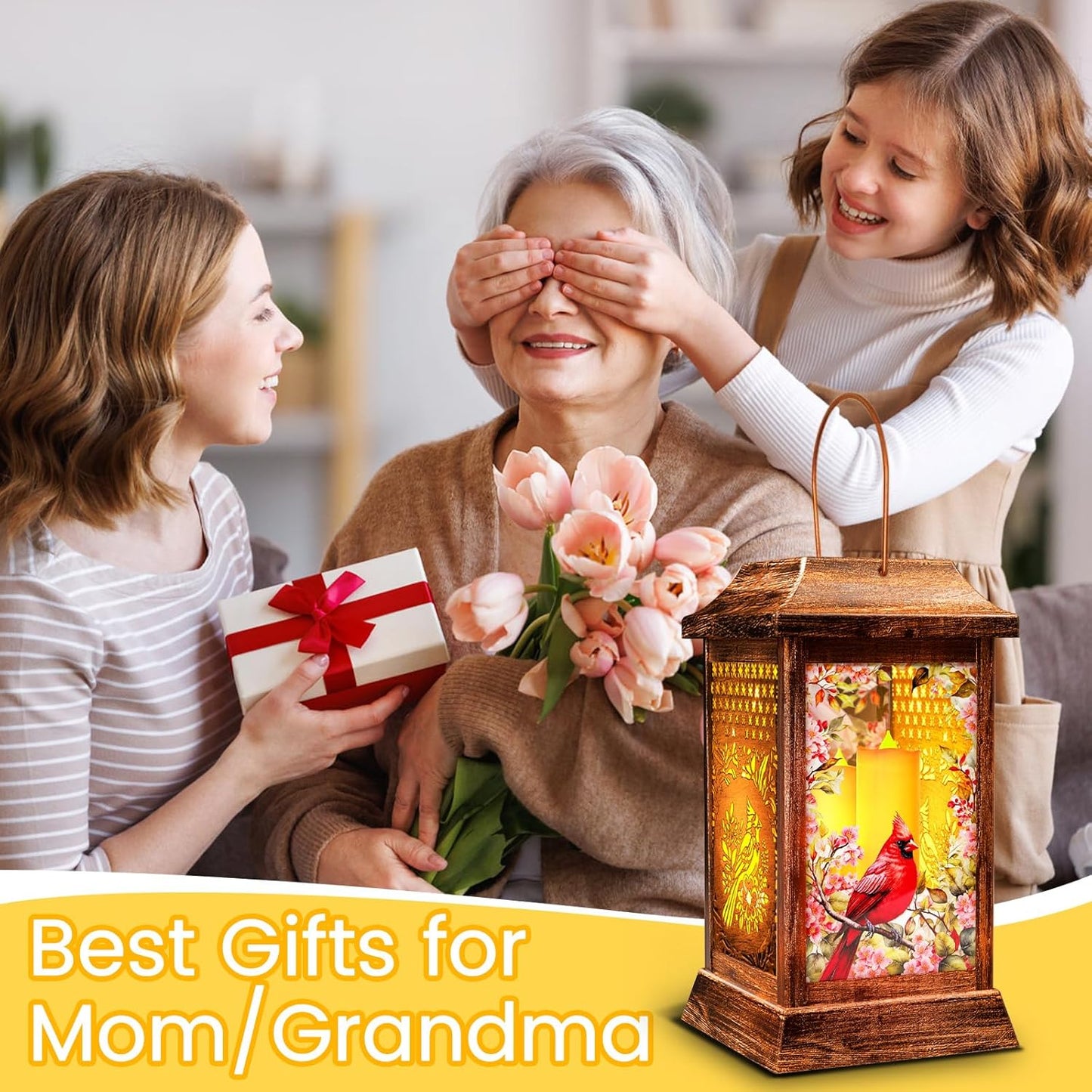 Cardinal Solar Lanterns Outdoor Hanging Lanterns, Metal Glass Garden Decor Solar Lights, Gifts for Women Mom Birthday Grandma Mothers Day, Waterproof Decorative Lantern for Outside Patio Yard-VerdiqueGarden