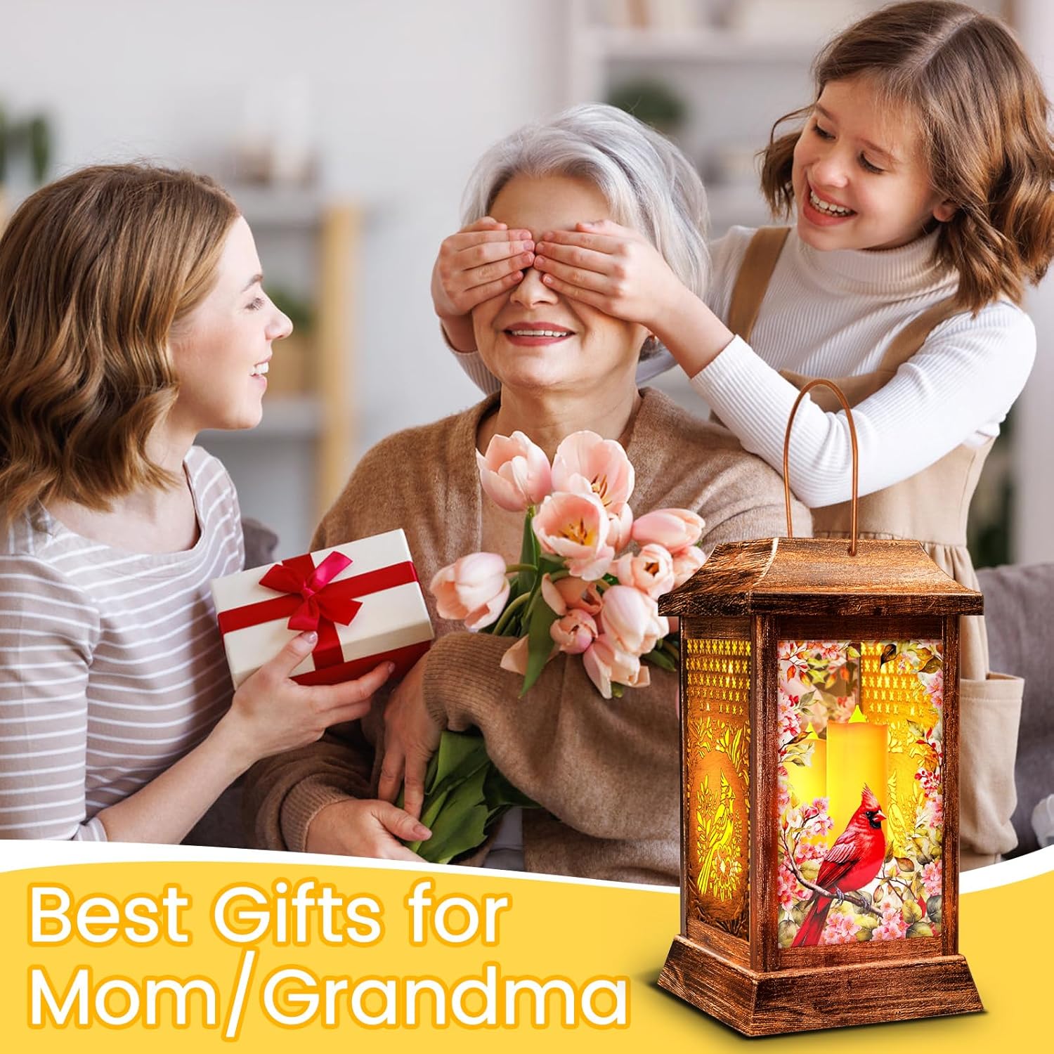 Cardinal Solar Lanterns Outdoor Hanging Lanterns, Metal Glass Garden Decor Solar Lights, Gifts for Women Mom Birthday Grandma Mothers Day, Waterproof Decorative Lantern for Outside Patio Yard-VerdiqueGarden