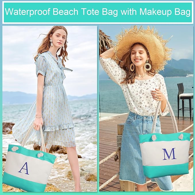 YOOLIFE Beach Bags for Women - Initial Tote Waterproof Bag with Makeup Bag, Mothers Day Gifts for Women Mom Friend Birthday-VerdiqueGarden