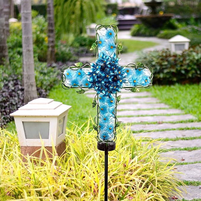 Solar Cross Garden Lights Outdoor Decorative - Solar Metal&Glass Cross Blue Hydrangea Flower Stake Lights- Waterproof 20 Warm White LED for Remembrance Gifts-VerdiqueGarden
