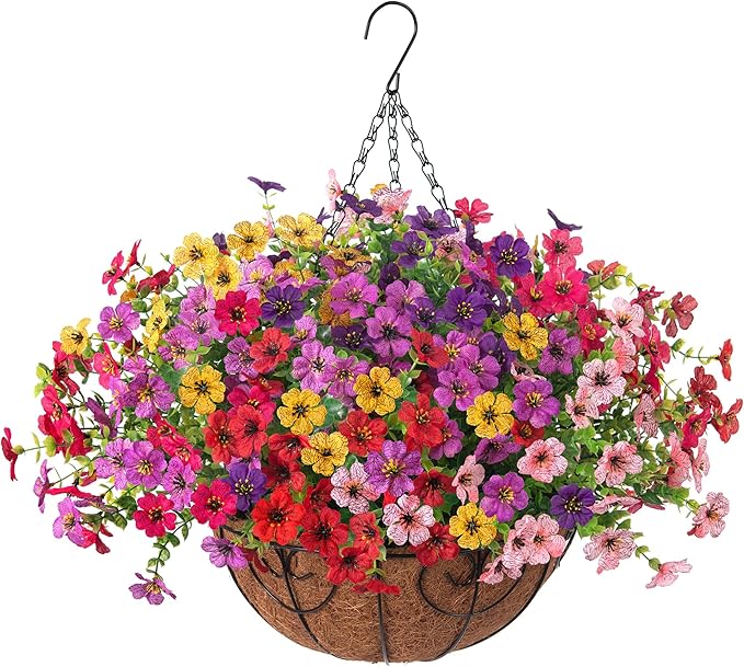 Artificial Fake Hanging Plants Flowers with Basket Outdoor Decor Faux Silk Dasiy Flower Arrangements in Pot Planter for Porch Home Indoor Patio Garden Yard Decoration-VerdiqueGarden