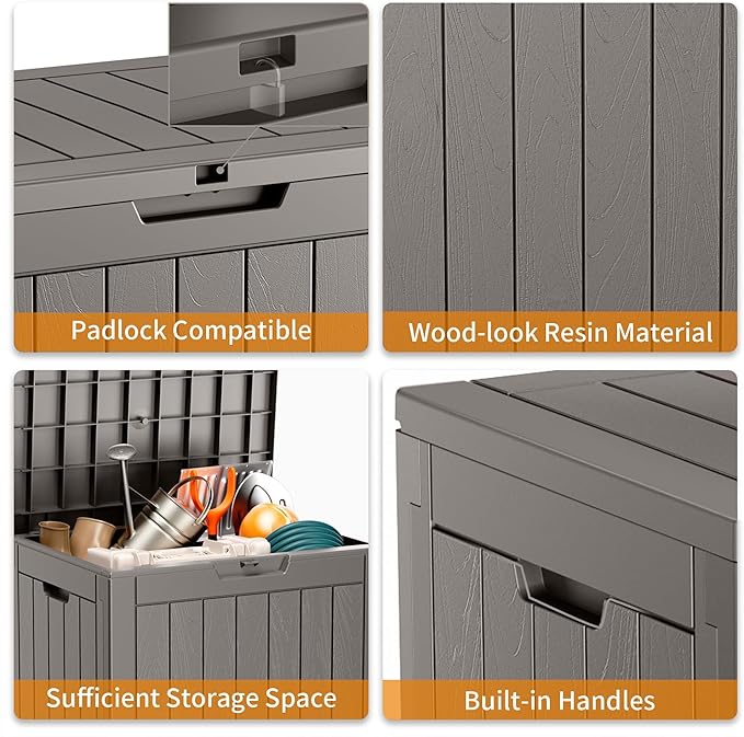 31 Gallon Resin Deck Box, Lockable Patio Outdoor Storage Box for Furniture, Garden Tools and Tools Storage, Waterproof Outside Storage Boxes - Grey-VerdiqueGarden