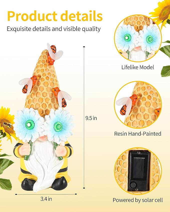 iStatue Garden Gnomes Outdoor Clearance with Solar Bee Lights - 9.5'' Resin Figurine Honeycomb Sunflower Spring Summer Decoration for Home Garden Decor Lawn Ornaments (Mr Bee Gnome)-VerdiqueGarden