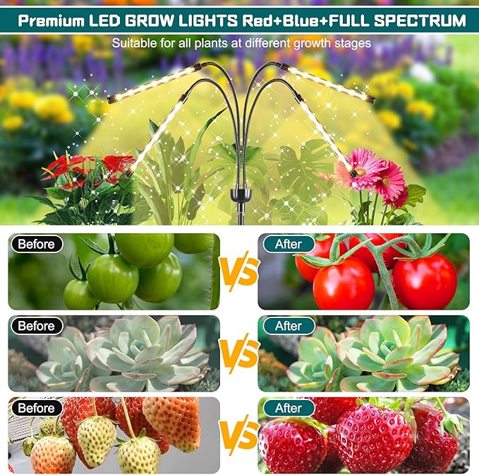 Grow Lights for Indoor Plants Full Spectrum with 15-63 inches Adjustable Tripod Stand Plant Light with 4/8/12H Timer with Remote Control-VerdiqueGarden