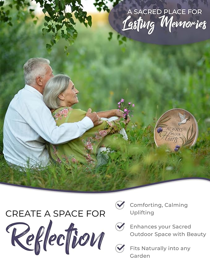 10-Inch Garden Memorial Stone with Included Plaque Stand & Sympathy Card, Memorial Plaques for Outdoors with Peace Dove Amongst Olive Branches, Memorial Stepping Stone for Loss of Loved One-VerdiqueGarden