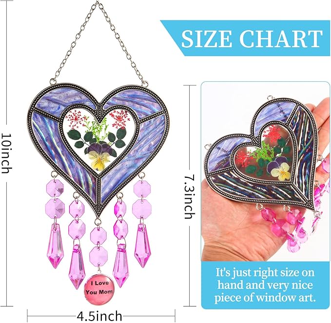 Gifts for Mom Suncatcher Heart Shaped I Love You Mom - Colored Glass Light Catcher Hanging Wind Chime Decorations Window Gifts Mother's Day Valentine's Day Birthday Christmas (Purple)-VerdiqueGarden