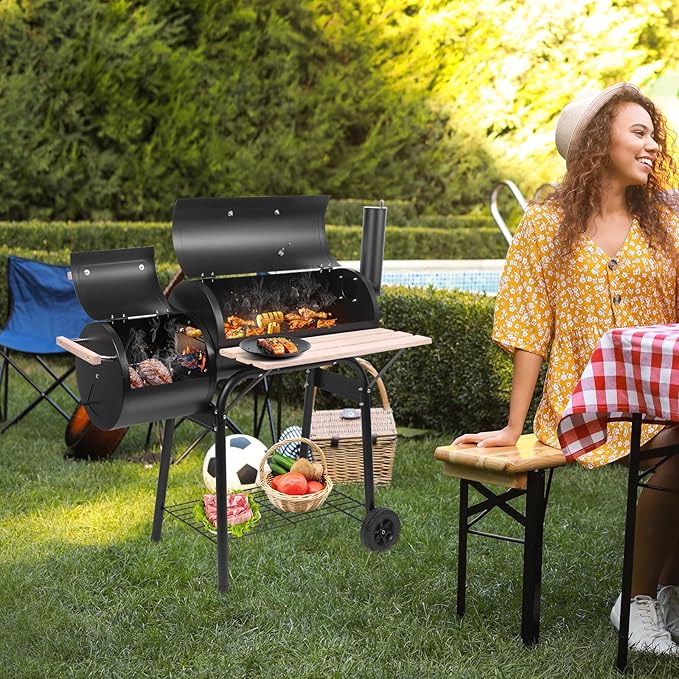 Outvita BBQ Charcoal Grill, Outdoor Patio Barbecue Cooker with Offset Smoker, Wheels and Tray for Balcony Picnics, Party and Camping-VerdiqueGarden