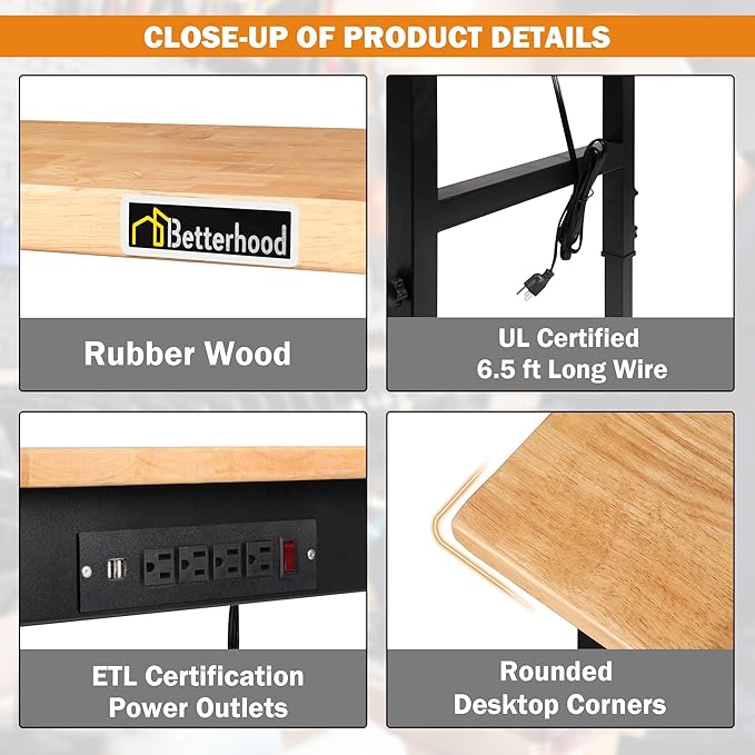 48" Adjustable Workbench for Garage, Rubber Wood Heavy Duty Workstation with Power Outlets & Wheels, 2000 LBS Load Capacity Hardwood Worktable for Workshop, Garage, Office, Home, Commercial-VerdiqueGarden