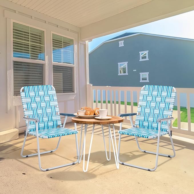 VINGLI Patio Lawn Webbed Folding Chairs Outdoor Beach Portable Camping Chair for Yard, Garden (2, White & Blue, Oversized)-VerdiqueGarden