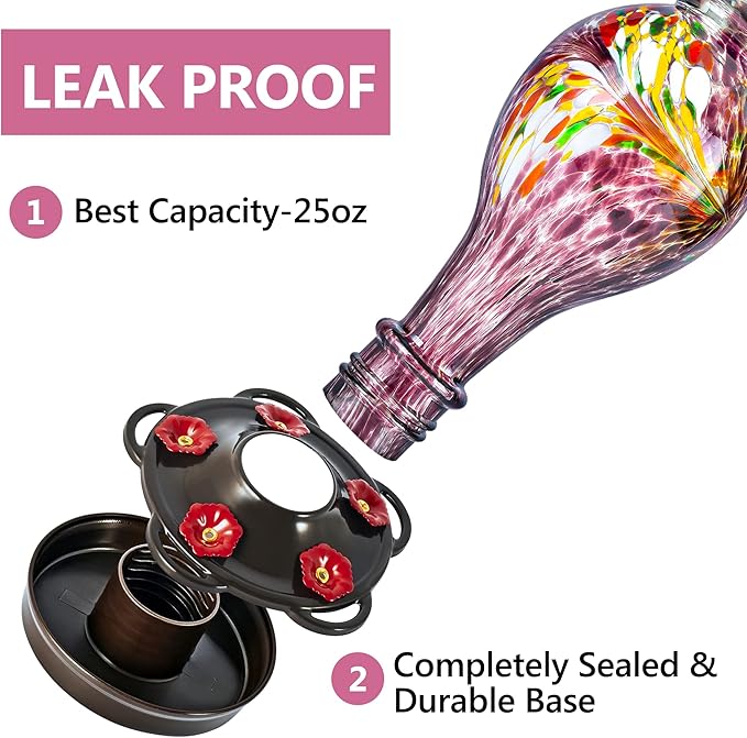 LUJII Hand Blown Glass Hummingbird Feeder for Outdoors Hanging with Ant Guard, 25 fl.oz, Leak Proof & Rustproof, Metal Base with 5 Feeding Ports & 5 Perches, Unique Garden & Backyard Decor (Purple)-VerdiqueGarden