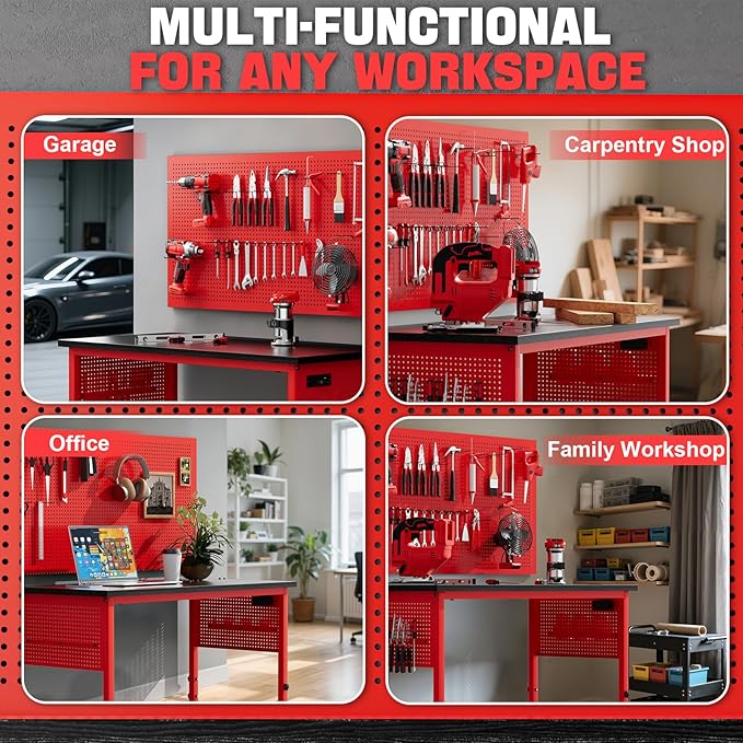 47" Heavy Duty Adjustable Workbench with Power Outlets, Pegboard & Locking Wheels - 2100LB Capacity Garage Work Table, Compatible with Milwaukee Battery, Reinforced Steel Frame for Workshop & Home Use-VerdiqueGarden