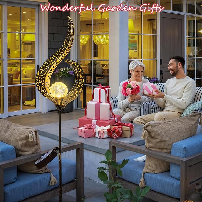 HOMEIMPRO Outdoor Garden Solar Lights Stake，Crackle Glass Globe,Metal Flower Waterproof LED Fairy Lights for Pathway,Lawn,Patio or Courtyard,Gardening Gift (Bronze)-VerdiqueGarden